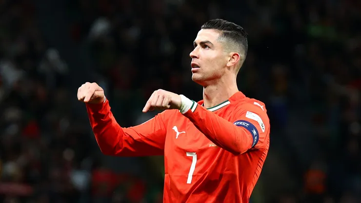 LISBON, PORTUGAL - MARCH 23: Cristiano Ronaldo of Portugal celebrates scoring his team's second goal during the UEFA Nations League Quarterfinal Leg Two match between Portugal and Denmark at Estadio Jose Alvalade on March 23, 2025 in Lisbon, Portugal. (Photo by Carlos Rodrigues/Getty Images)