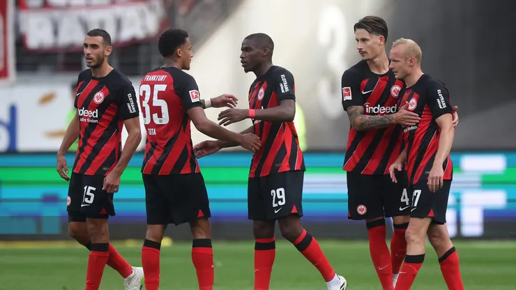FRANKFURT AM MAIN, GERMANY - SEPTEMBER 03: Ellyes Skhiri, Tuta, Niels Nkounkou and Robin Koch of Eintracht Frankfurt react after the Bundesliga match between Eintracht Frankfurt and 1. FC Köln at Deutsche Bank Park on September 03, 2023 in Frankfurt am Main, Germany. (Photo by Alex Grimm/Getty Images)