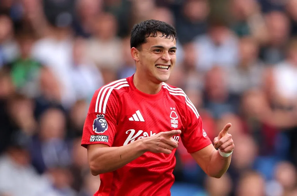 BRIGHTON, ENGLAND – SEPTEMBER 22: Ramon Sosa of Nottingham Forest celebrates scoring his team’s second goal  during the Premier League match between Brighton &amp; Hove Albion FC and Nottingham Forest FC at Amex Stadium on September 22, 2024 in Brighton, England. (Photo by Alex Pantling/Getty Images)