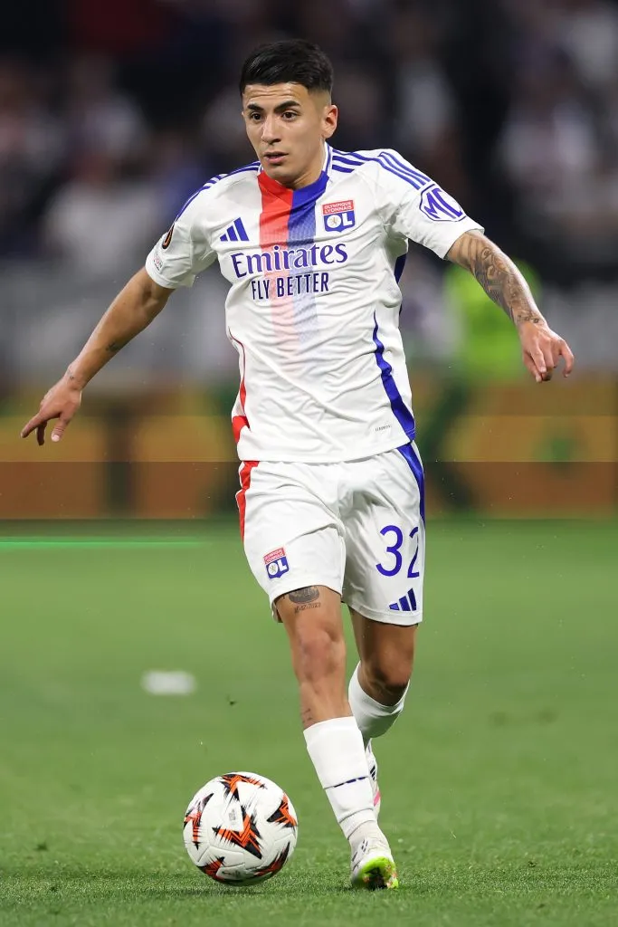 DECINES-CHARPIEU, FRANCE – APRIL 10: Thiago Almada of Olympique Lyonnais during the UEFA Europa League 2024/25 Quarter Final First Leg match between Olympique Lyonnais and Manchester United at OL Stadium on April 10, 2025 in Decines-Charpieu, France. (Photo by Michael Steele/Getty Images)