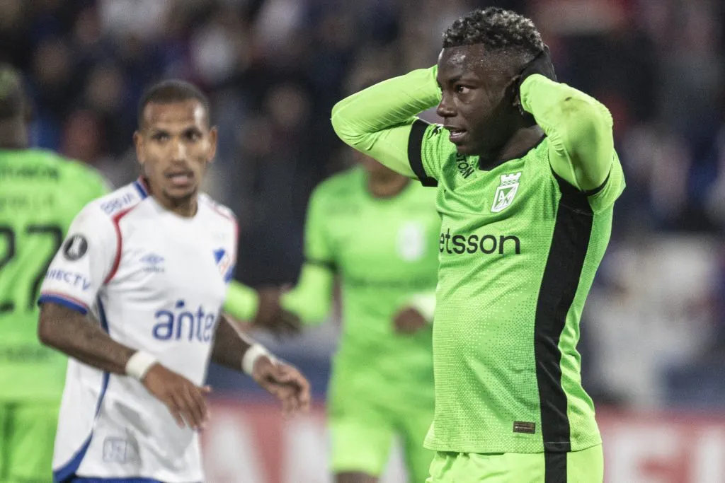 MONTEVIDEO, URUGUAY – MAY 28: Marino Hinestroza of Atletico Nacional reacts after during a Copa Libertadores group F match between Nacional and Atletico Nacional at Gran Parque Central on May 28, 2025 in Montevideo, Uruguay.  (Photo by Ernesto Ryan/Getty Images)
