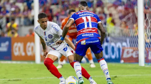 Marinho jogador do Fortaleza comemora seu gol durante partida contra o Bahia no estadio Arena Castelao pelo campeonato Brasileiro A 2024. Foto: Baggio Rodrigues/AGIF