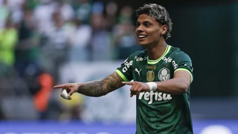 Richard Rios of Palmeiras celebrate after scoring the first goal of his team during the match between Palmeiras and Fortaleza as part of Brasileirao Series A 2023 at Allianz Parque on July 22, 2023 in Sao Paulo, Brazil.