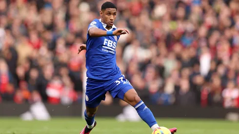 Tetê of Leicester during the Premier League match between Manchester United and Leicester City at Old Trafford on February 19, 2023 in Manchester, England.