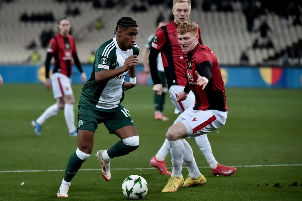 ATHENS, GREECE – FEBRUARY 20:Tetê of Panathinaikos is challenged by Sveinn Gísli Thorkelsson of Vikingur during the UEFA Europa Conference League 2024/25 League Knockout Play-off Second Leg match between Panathinaikos FC and Vikingur at Olympic Athletic Center of Athens Spyridon Louis on February 20, 2025 in Athens, Greece. (Photo by Milos Bicanski/Getty Images)