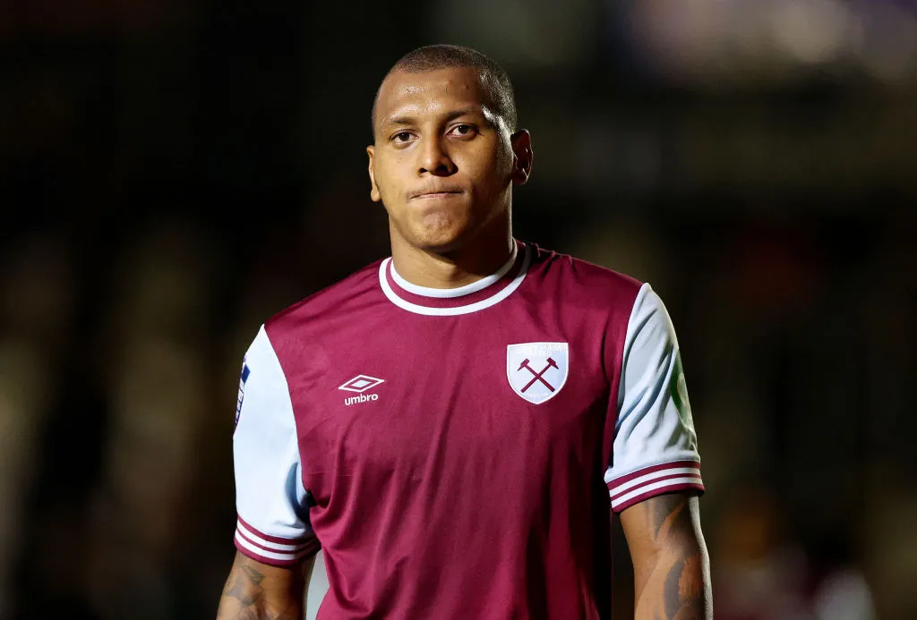NEWPORT, WALES – SEPTEMBER 17: Luizao of West Ham United looks on after defeat to Newport County during the Bristol Street Motors Trophy match between Newport County and West Ham United U21 at Rodney Parade on September 17, 2024 in Newport, Wales. (Photo by Ryan Hiscott/Getty Images)