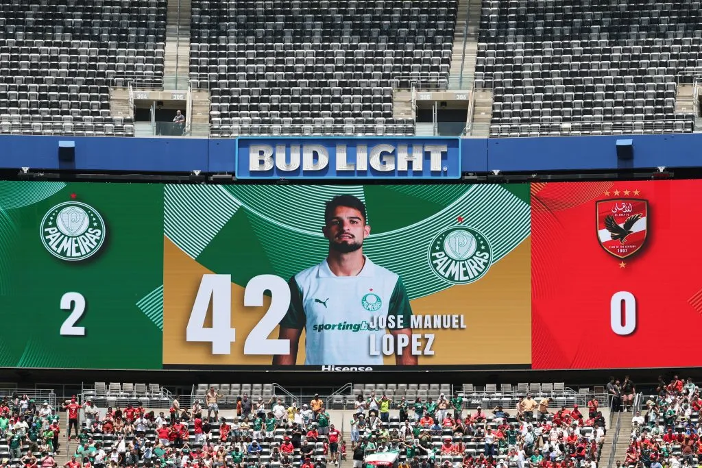 EAST RUTHERFORD, NEW JERSEY – JUNE 19: The LED screen displays the name, number and picture of the Jose Manuel Lopez #42 of Palmeiras (not pictured) who scores his team’s second goal during the FIFA Club World Cup 2025 group A match between SE Palmeiras and Al Ahly SC at MetLife Stadium on June 19, 2025 in East Rutherford, New Jersey. (Photo by Al Bello/Getty Images)