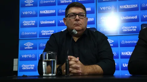 Vice-presidente de futebol do Grêmio, Alexandre Rossato, durante entrevista coletiva. Foto: Lucas Uebel/Grêmio