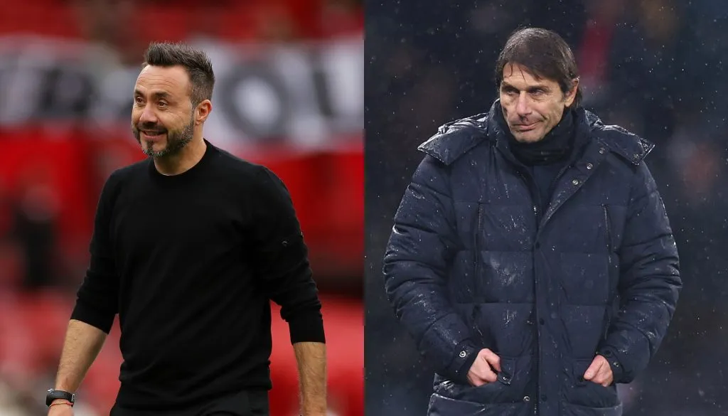De Zerbi, técnico do Olympique, e Antonio Conte, do Napoli (&nbsp;Photo by Lewis Storey/Getty Images/ Photo by Clive Rose/Getty Images)
