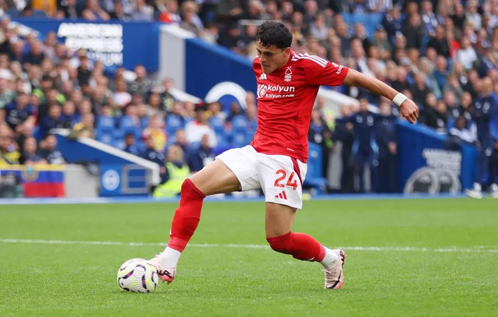 BRIGHTON, ENGLAND – SEPTEMBER 22: Ramon Sosa of Nottingham Forest scores his team’s second goal during the Premier League match between Brighton &amp; Hove Albion FC and Nottingham Forest FC at Amex Stadium on September 22, 2024 in Brighton, England. (Photo by Alex Pantling/Getty Images)