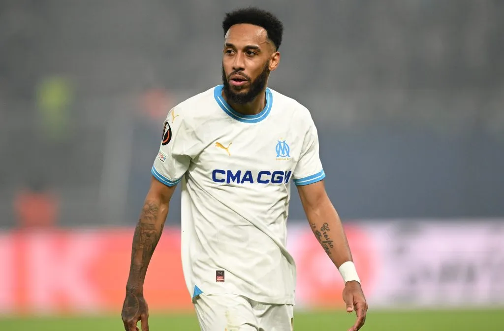 HAMBURG, GERMANY – FEBRUARY 15: Pierre-Emerick Aubameyang of Marseille looks on during the UEFA Europa League 2023/24 Knockout Round Play-offs First Leg match between FC Shakhtar Donetsk and Olympique de Marseille at Volksparkstadion on February 15, 2024 in Hamburg, Germany. (Photo by Stuart Franklin/Getty Images)