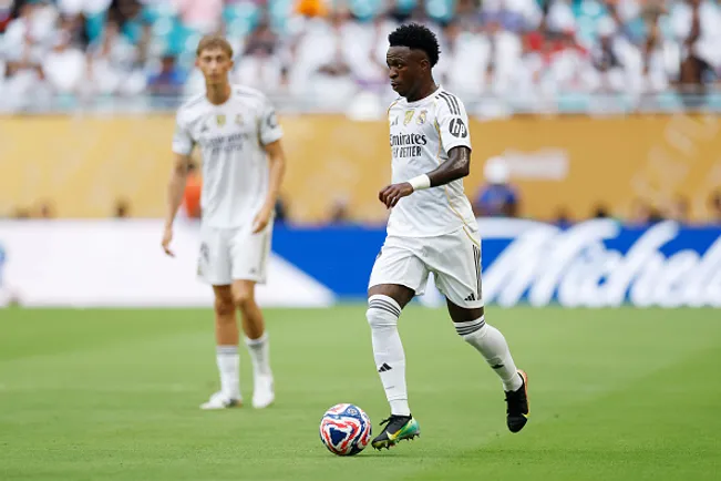 Vini Jr. jogando no Real Madrid contra a Juventus –  (Photo by Pedro Castillo/Real Madrid via Getty Images)