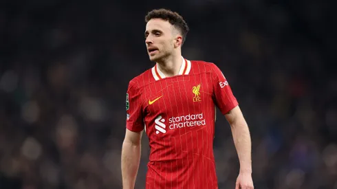 LONDON, ENGLAND – JANUARY 08: Diogo Jota of Liverpool looks on during the Carabao Cup Semi Final First Leg match between Tottenham Hotspur and Liverpool at Tottenham Hotspur Stadium on January 08, 2025 in London, England. (Photo by Julian Finney/Getty Images)
