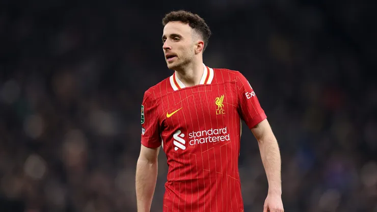 LONDON, ENGLAND - JANUARY 08: Diogo Jota of Liverpool looks on during the Carabao Cup Semi Final First Leg match between Tottenham Hotspur and Liverpool at Tottenham Hotspur Stadium on January 08, 2025 in London, England. (Photo by Julian Finney/Getty Images)