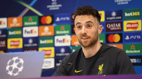 LIVERPOOL, ENGLAND – MARCH 10: Diogo Jota of Liverpool speaks in a press conference ahead of their UEFA Champions League 2024/25 round of 16 second leg match at Anfield on March 10, 2025 in Liverpool, England. (Photo by Jan Kruger/Getty Images)