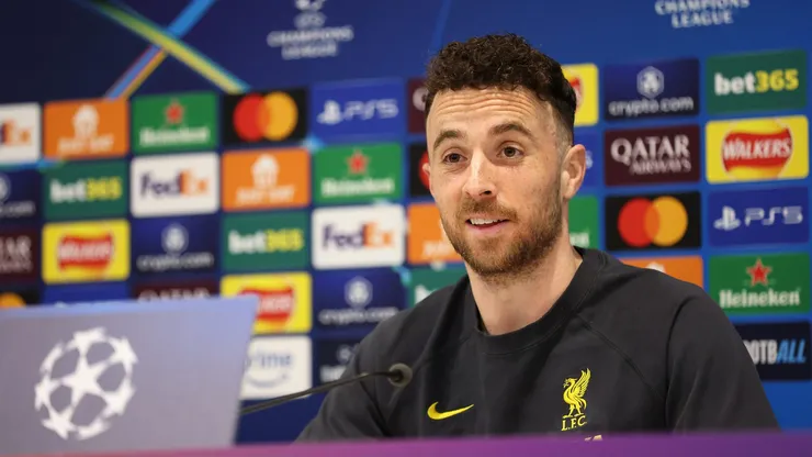 LIVERPOOL, ENGLAND - MARCH 10: Diogo Jota of Liverpool speaks in a press conference ahead of their UEFA Champions League 2024/25 round of 16 second leg match at Anfield on March 10, 2025 in Liverpool, England. (Photo by Jan Kruger/Getty Images)