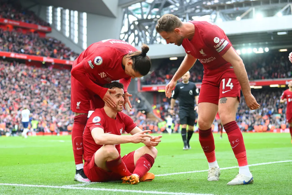 LIVERPOOL, ENGLAND – APRIL 30: Diogo Jota of Liverpool celebrates scoring to make it 4-3 during the Premier League match between Liverpool FC and Tottenham Hotspur at Anfield on April 30, 2023 in Liverpool, England. (Photo by Michael Regan/Getty Images)