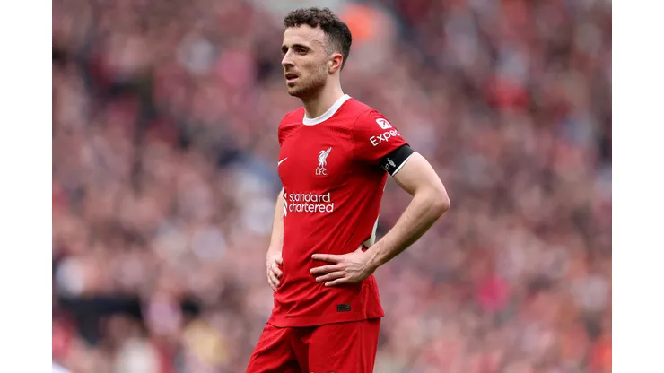 LIVERPOOL, ENGLAND - APRIL 14: Diogo Jota of Liverpool in action during the Premier League match between Liverpool FC and Crystal Palace at Anfield on April 14, 2024 in Liverpool, England. (Photo by Michael Steele/Getty Images)