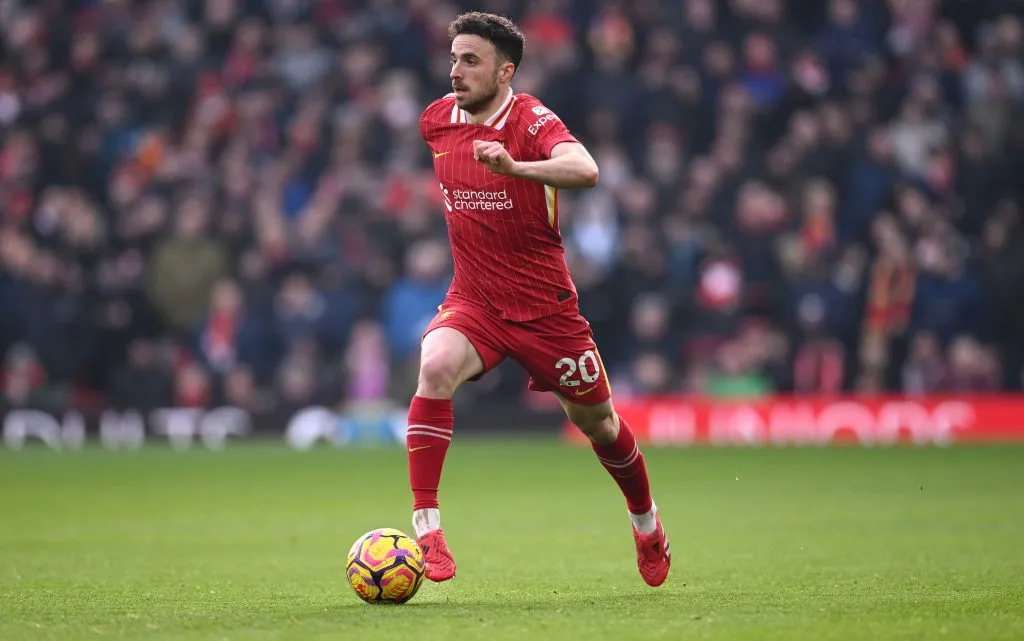 LIVERPOOL, ENGLAND – FEBRUARY 16: Diogo Jota of Liverpool in action during the Premier League match between Liverpool FC and Wolverhampton Wanderers FC at Anfield on February 16, 2025 in Liverpool, England. (Photo by Stu Forster/Getty Images)