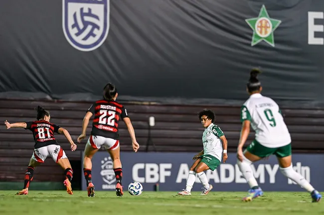Jogadoras de Flamengo e Palmeiras em partida entre os clubes (Reprodução/Nayra Halm/Staff Images Woman/CBF)