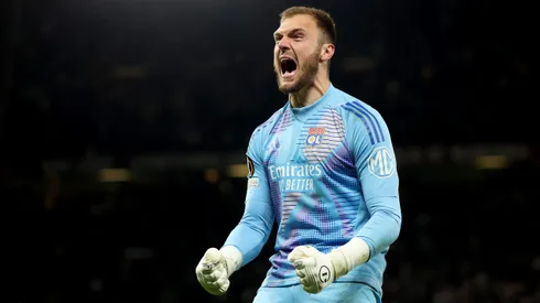 MANCHESTER, ENGLAND – APRIL 17: Lucas Perri of Olympique Lyonnais during the UEFA Europa League 2024/25 Quarter Final Second Leg match between Manchester United and Olympique Lyonnais at Old Trafford on April 17, 2025 in Manchester, England. (Photo by Carl Recine/Getty Images)