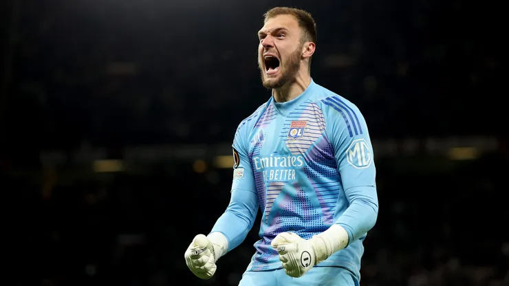 MANCHESTER, ENGLAND - APRIL 17: Lucas Perri of Olympique Lyonnais during the UEFA Europa League 2024/25 Quarter Final Second Leg match between Manchester United and Olympique Lyonnais at Old Trafford on April 17, 2025 in Manchester, England. (Photo by Carl Recine/Getty Images)