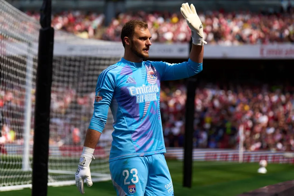 LONDON, ENGLAND – AUGUST 11: Lucas Perri of Olympique Lyonnais gestures during the pre-season friendly match between Arsenal and Olympique Lyonnais at Emirates Stadium on August 11, 2024 in London, England. (Photo by Angel Martinez/Getty Images)