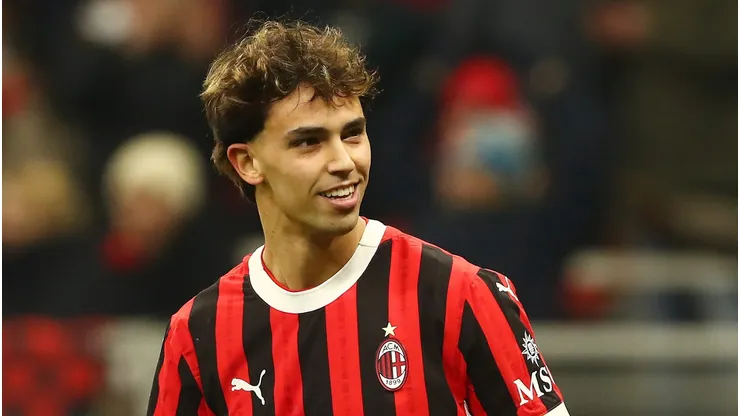 MILAN, ITALY - FEBRUARY 05: Joao Felix of AC Milan celebrates scoring his team's third goal during the Coppa Italia Quarter Final match between AC Milan and AS Roma at Stadio Giuseppe Meazza on February 05, 2025 in Milan, Italy. (Photo by Marco Luzzani/Getty Images)