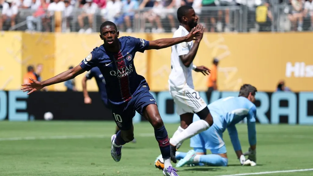 Dembélé comemorando gol em PSG x Real Madrid. (Photo by Dan Mullan/Getty Images)