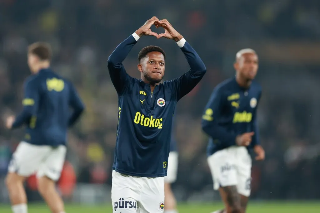 ISTANBUL, TURKEY – APRIL 2: Fred Rodrigues of Fenerbahce shows appreciation to the fans prior to the Turkish Super League match between Fenerbahce and Galatasaray at Ulker Sukru Saracoglu Stadium on April 2, 2025 in Istanbul, Turkey.  (Photo by Ahmad Mora/Getty Images)
