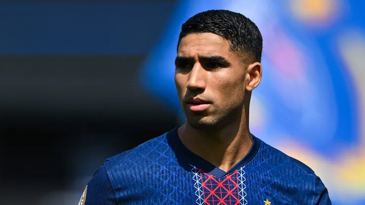 EAST RUTHERFORD, NEW JERSEY - JULY 09: Achraf Hakimi #2 of Paris Saint-Germain looks on prior to the FIFA Club World Cup 2025 semi-final match between Paris Saint-Germain and Real Madrid CF at MetLife Stadium on July 09, 2025 in East Rutherford, New Jersey. (Photo by David Ramos/Getty Images)
