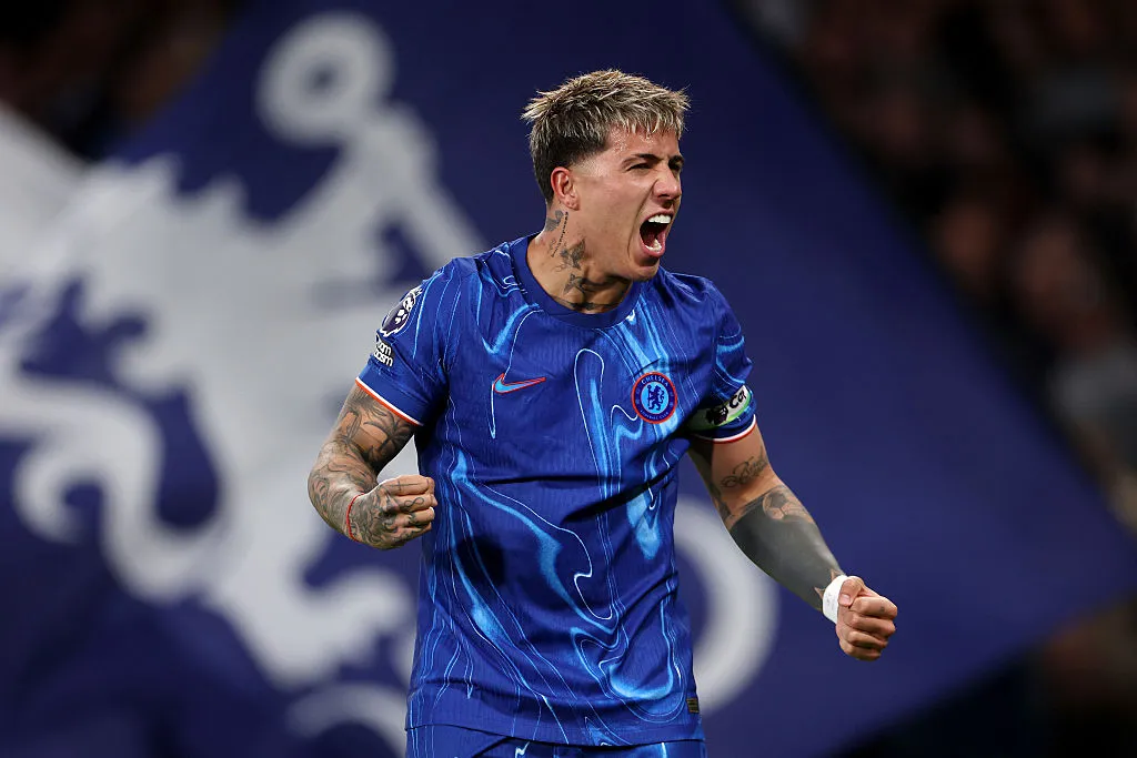 LONDON, ENGLAND – APRIL 03: Enzo Fernandez of Chelsea celebrates scoring his team’s first goal during the Premier League match between Chelsea FC and Tottenham Hotspur FC at Stamford Bridge on April 03, 2025 in London, England. (Photo by Alex Pantling/Getty Images)