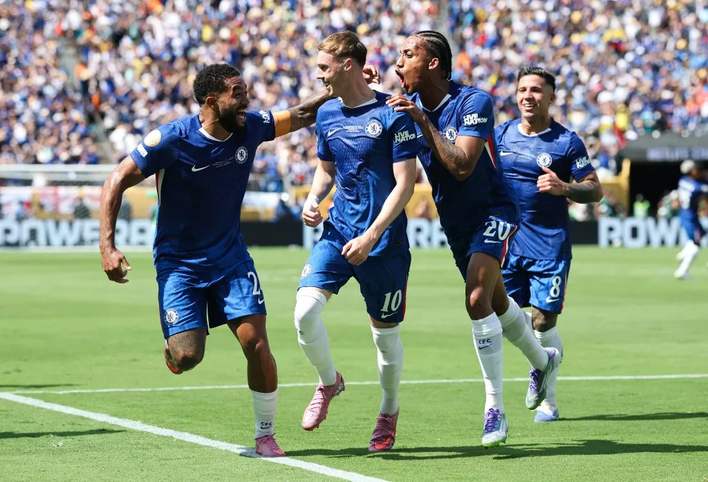 EAST RUTHERFORD, NEW JERSEY – JULY 13: Cole Palmer #10 of Chelsea FC celebrates scoring his team’s second goal with Joao Pedro #20 and Reece James #24 of Chelsea FC during the FIFA Club World Cup 2025 Final match between Chelsea FC and Paris Saint-Germain at MetLife Stadium on July 13, 2025 in East Rutherford, New Jersey. (Photo by Alex Grimm/Getty Images)