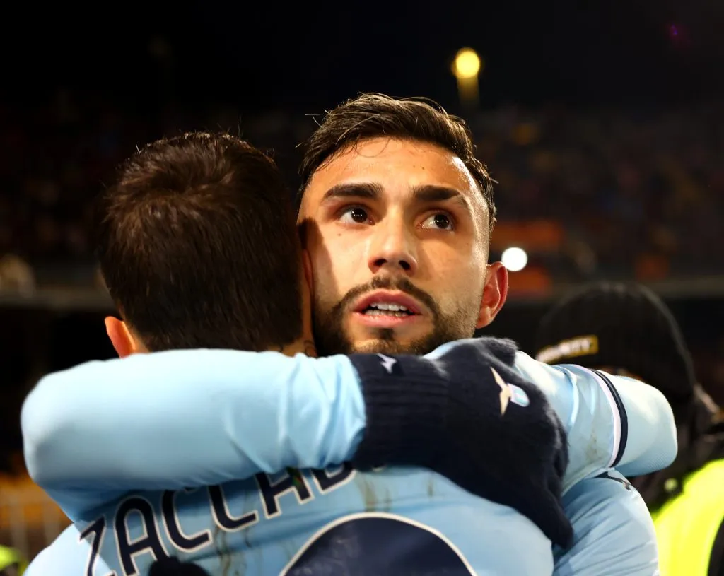 LECCE, ITALY – DECEMBER 21: Taty Castellanos of Lazio celebrates with a teammate after scoring his team’s opening goal during the Serie A match between Lecce and SS Lazio at Stadio Via del Mare on December 21, 2024 in Lecce, Italy. (Photo by Maurizio Lagana/Getty Images)