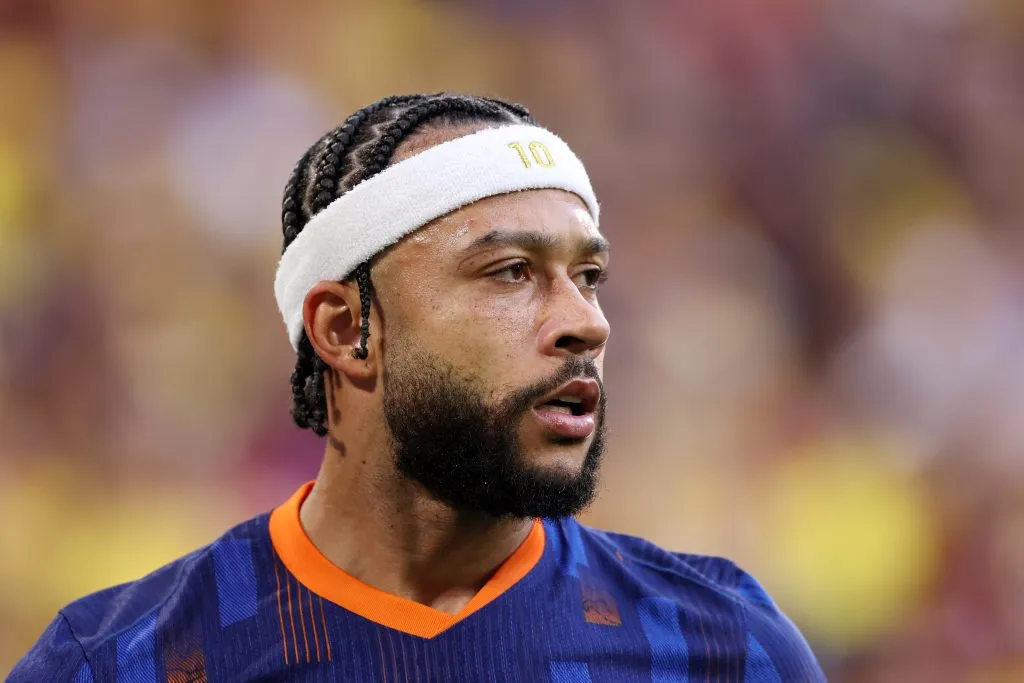 MUNICH, GERMANY – JULY 02: Memphis Depay of the Netherlands looks on during the UEFA EURO 2024 round of 16 match between Romania and Netherlands at Munich Football Arena on July 02, 2024 in Munich, Germany. (Photo by Alex Livesey/Getty Images)