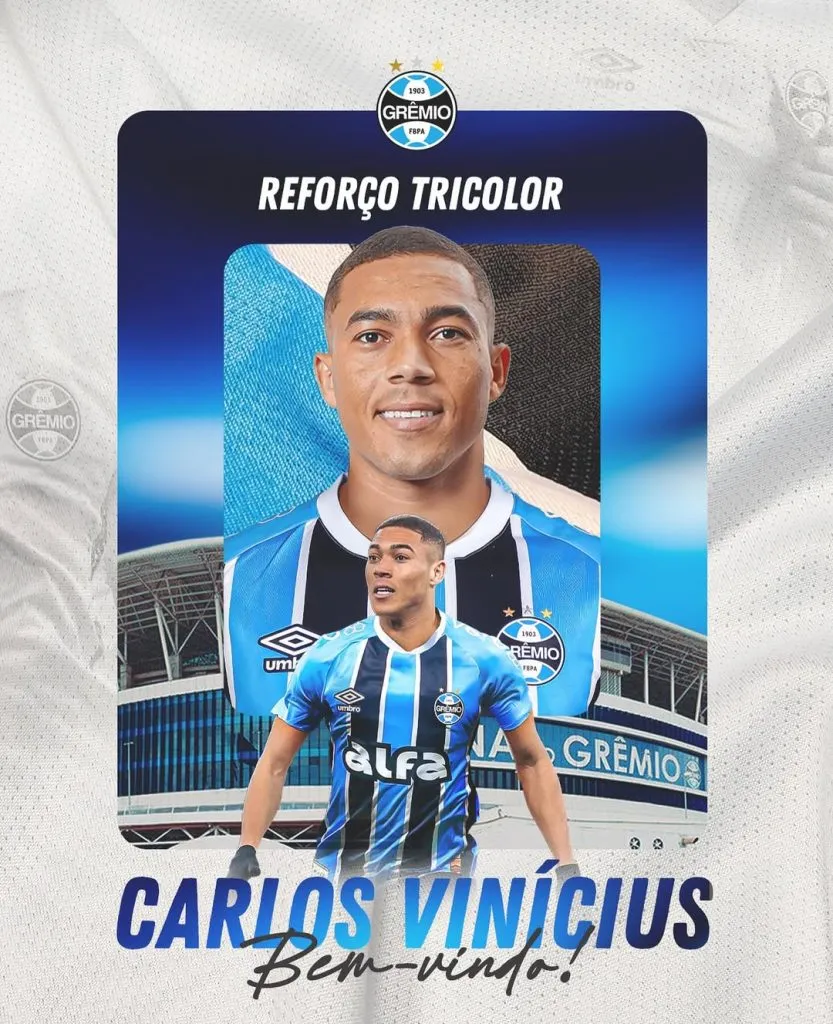 Carlos Vinícius foi anunciado pelo Grêmio na última quinta-feira (24). Foto: Divulgação / Grêmio