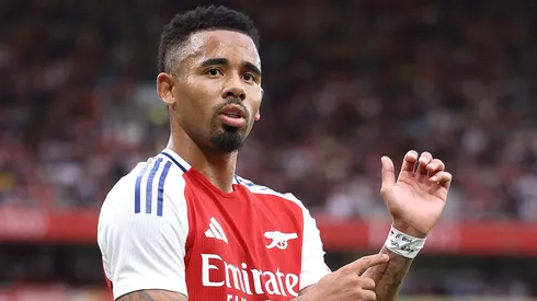LONDON, ENGLAND – AUGUST 07: Gabriel Jesus of Arsenal celebrates after scoring the third goal during the pre-season friendly match between Arsenal and Bayer 04 Leverkusen at Emirates Stadium on August 07, 2024 in London, England. (Photo by Warren Little/Getty Images)
