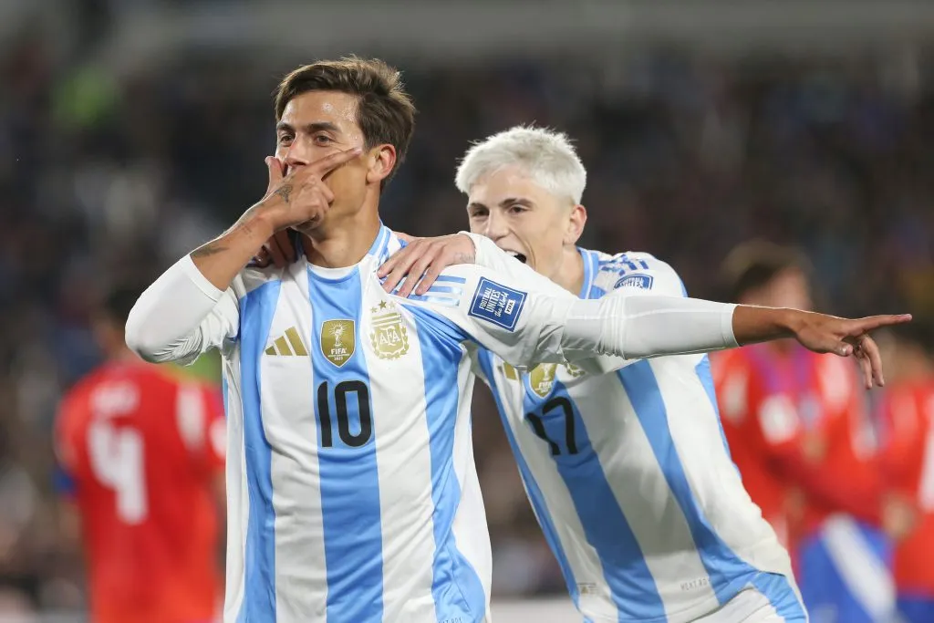 BUENOS AIRES, ARGENTINA – SEPTEMBER 05: Paulo Dybala of Argentina celebrates after scoring the team’s third goal with teammate Alejandro Garnacho  during the FIFA World Cup 2026 Qualifier match between Argentina and Chile at Estadio Más Monumental Antonio Vespucio Liberti on September 05, 2024 in Buenos Aires, Argentina. (Photo by Daniel Jayo/Getty Images)
