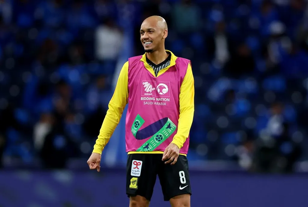 RIYADH, SAUDI ARABIA – MARCH 01: Fabinho of Al Ittihad looks on as he warms up, whilst wearing a 2034 World Cup Saudi Arabia 2034 branded bib as Saudi Arabia formally launch their Bid to host the 2034 World Cup, prior to the Saudi Pro League match between Al-Hilal and Al-Ittihad at Kingdom Arena on March 01, 2024 in Riyadh, Saudi Arabia. (Photo by Yasser Bakhsh/Getty Images)