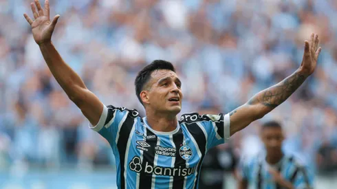 Franco Cristaldo jogador do Gremio comemora seu gol durante partida contra o Juventude no estadio Arena do Gremio pelo campeonato Gaucho 2024.
