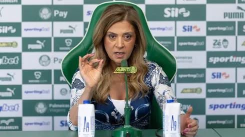 Leila Pereira em coletiva de imprensa na Academia de Futebol. Foto: Ettore Chiereguini/AGIF