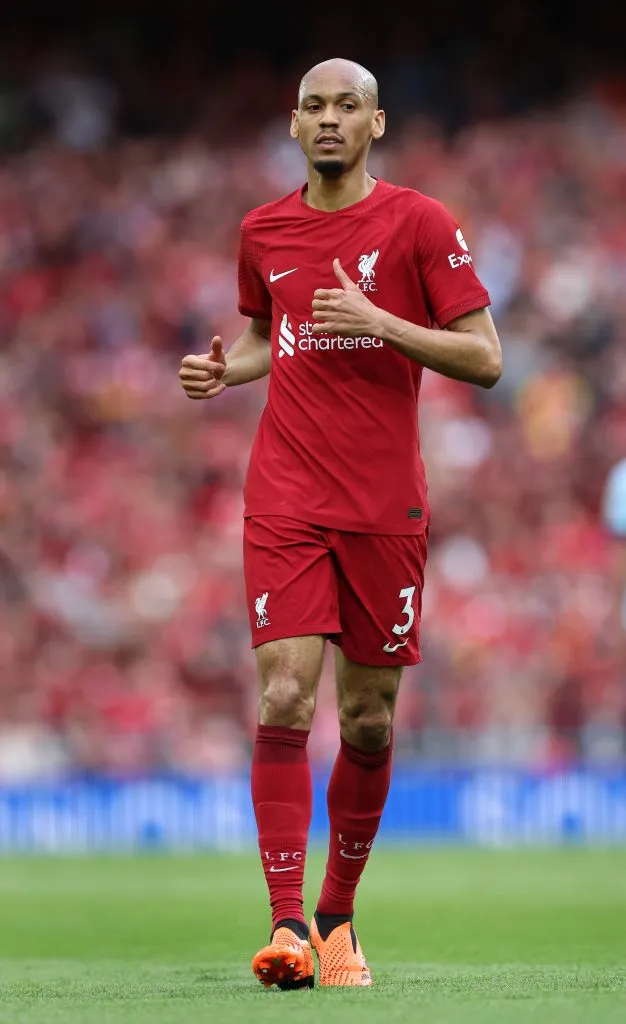 LIVERPOOL, ENGLAND – MAY 06:  Fabinho of Liverpool FC looks on during the Premier League match between Liverpool FC and Brentford FC at Anfield on May 06, 2023 in Liverpool, England. (Photo by Alex Livesey/Getty Images)