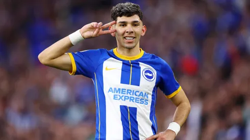 Julio Enciso of Brighton & Hove Albion celebrates after scoring the team's first goal during the Premier League match between Brighton & Hove Albion and Manchester City at American Express Community Stadium on May 24, 2023 in Brighton, England.