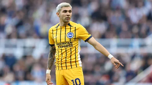 Julio Enciso of Brighton & Hove Albion points during the Premier League match between Newcastle United FC and Brighton & Hove Albion FC at St James' Park on October 19, 2024 in Newcastle upon Tyne, England.