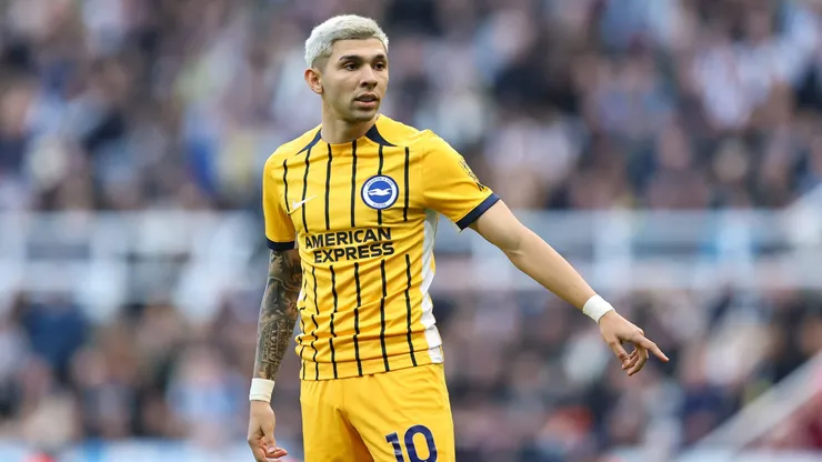 Julio Enciso of Brighton & Hove Albion points during the Premier League match between Newcastle United FC and Brighton & Hove Albion FC at St James' Park on October 19, 2024 in Newcastle upon Tyne, England.