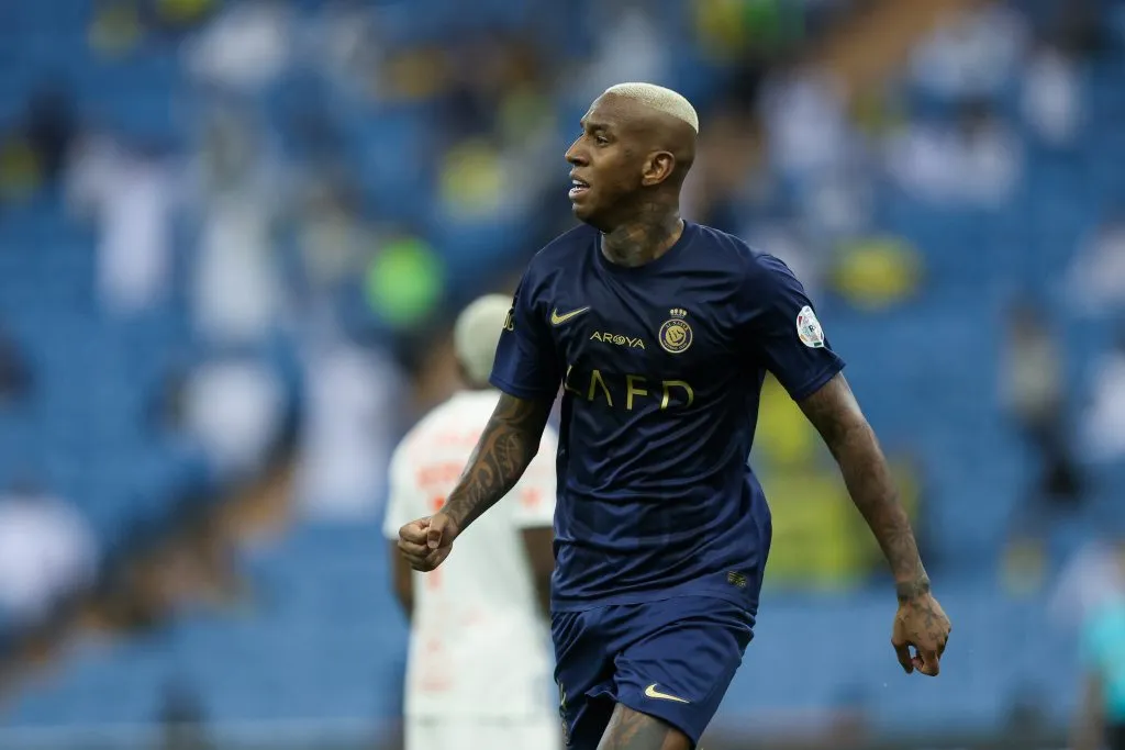 RIYADH, SAUDI ARABIA – OCTOBER 28: Anderson Talisca of Al Nassr selebrates after scoring goal during Saudi Pro League match between Al Fayfaa  And Al Nassr at King Fahd Stadium on October 28, 2023 in Riyadh, Saudi Arabia. (Photo by Yasser Bakhsh/Getty Images)