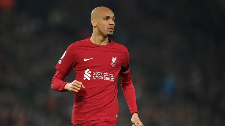 LIVERPOOL, ENGLAND - FEBRUARY 13: Fabinho of Liverpool looks on during the Premier League match between Liverpool FC and Everton FC at Anfield on February 13, 2023 in Liverpool, England. (Photo by Michael Regan/Getty Images)