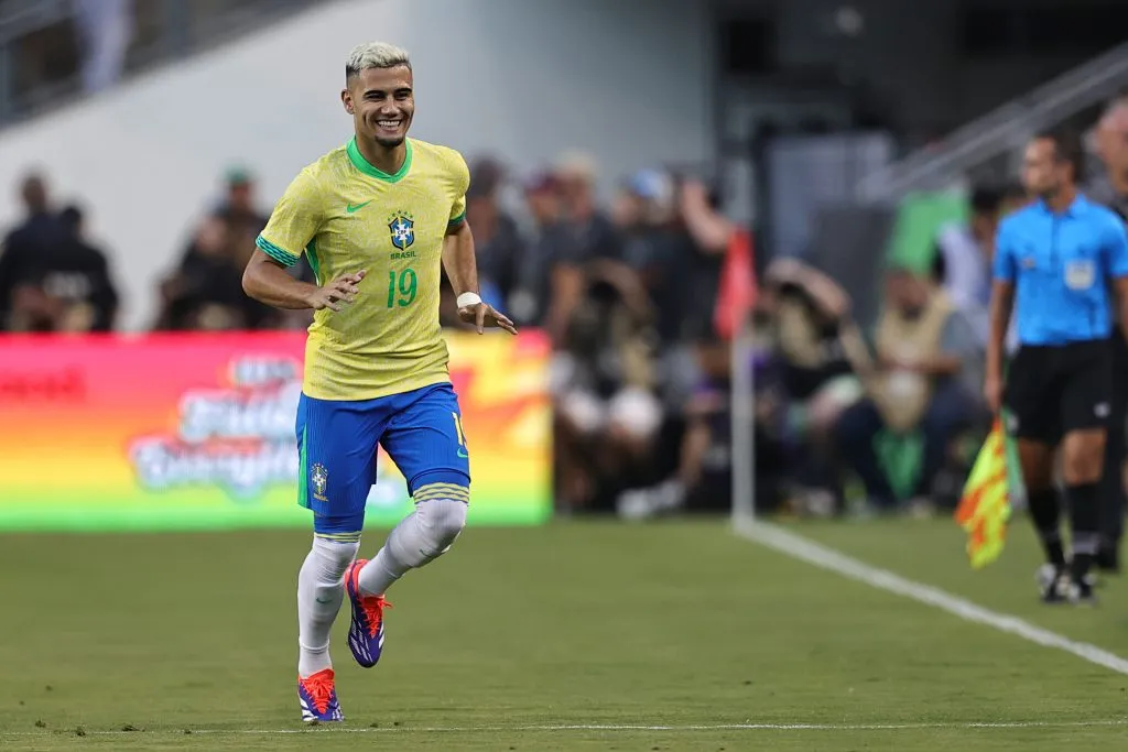 COLLEGE STATION, TEXAS – JUNE 08: Andreas Pereira #19 of Brazil celebrates after scoring the opening goal during an international friendly match against Mexico at Kyle Field on June 8, 2024 in College Station, Texas. (Photo by Omar Vega/Getty Images)