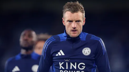 LEICESTER, ENGLAND - APRIL 07: Jamie Vardy of Leicester City looks on as he warms up prior to the Premier League match between Leicester City FC and Newcastle United FC at The King Power Stadium on April 07, 2025 in Leicester, England. (Photo by Alex Pantling/Getty Images)