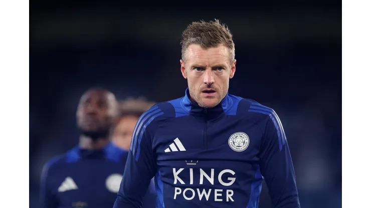 LEICESTER, ENGLAND - APRIL 07: Jamie Vardy of Leicester City looks on as he warms up prior to the Premier League match between Leicester City FC and Newcastle United FC at The King Power Stadium on April 07, 2025 in Leicester, England. (Photo by Alex Pantling/Getty Images)